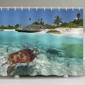 

Shoal Transparent Sea Turtle Swimming Polyester Turtle Bathroom Fabric Shower Curtain Liner Waterproof Polyester Curtain 12 Hook