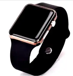 Модные Квадратный Зеркало уход за кожей лица силиконовой лентой цифровые часы красный светодиодный часы металлический рамки