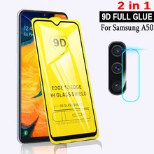 Vidro temperado 9d 2 em 1 para samsung galaxy, vidro temperado cola completa com tela para samsung galaxy a50 película de segurança sm a505f