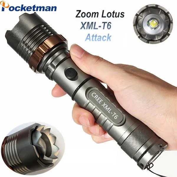 

4200 Lumens Ultra Bright 5 Modes XML-T6 Zoomable LED Flashlight Lotus Attack Head Waterproof Torch Lantern for Outdoor