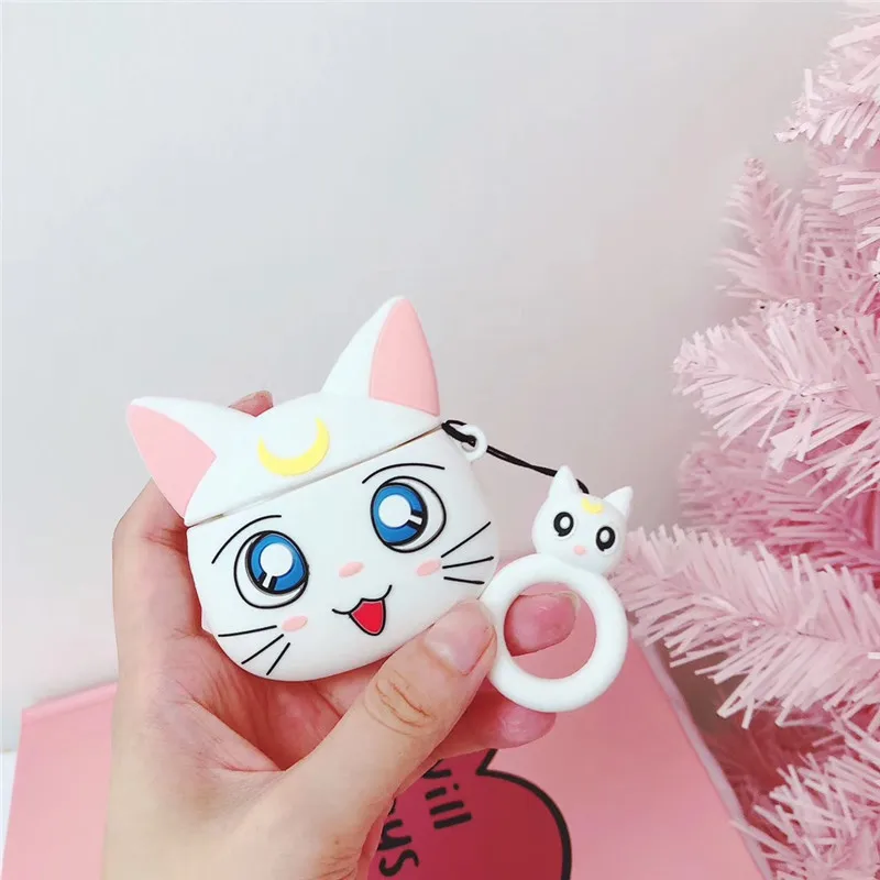 Cartoon Case for AirPods Cute Earphone Cases for Apple Airpods2 Accessories Protect Cover with Finger Ring Strap Unique Luna Cat - Цвет: Белый