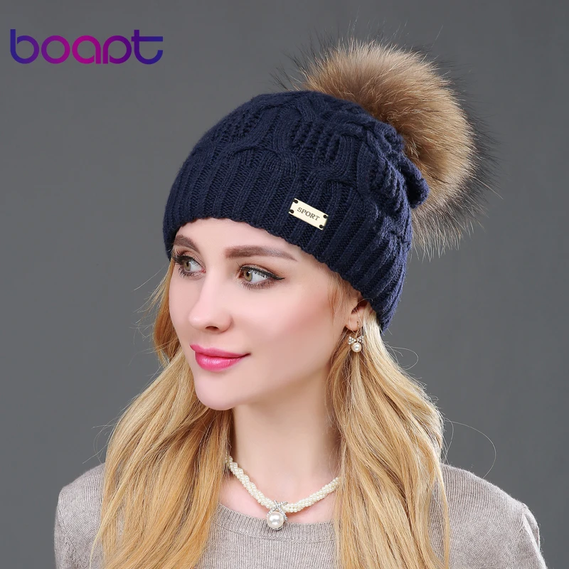 BOAPT Double-deck Knitted Wool Real Natural Raccoon Fur Pompon Hat Female Winter Braid Cap Headgear For Women Skullies Beanies