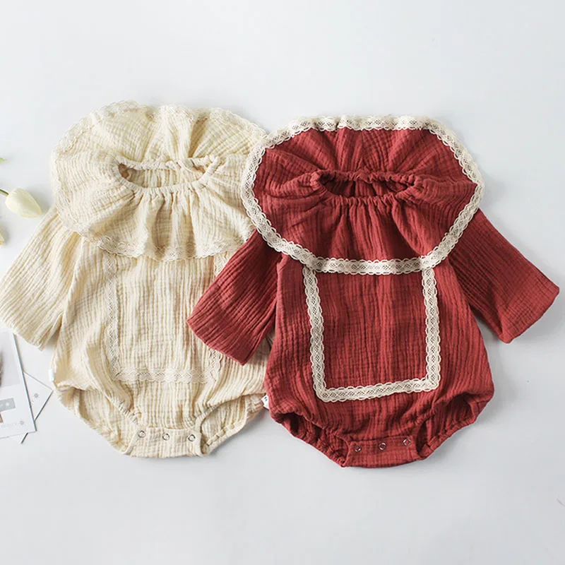 

Baby Girl Lotus Leaf Collar Romper Baby Girl Clothes Long Sleeved Newborn Baby Bodysuits Autumn Fashion Jumpsuits Vintage Style