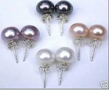 

FREE SHIPPING 4pair Multicolor fresh water pearl Stud Earrings 8mm A0422