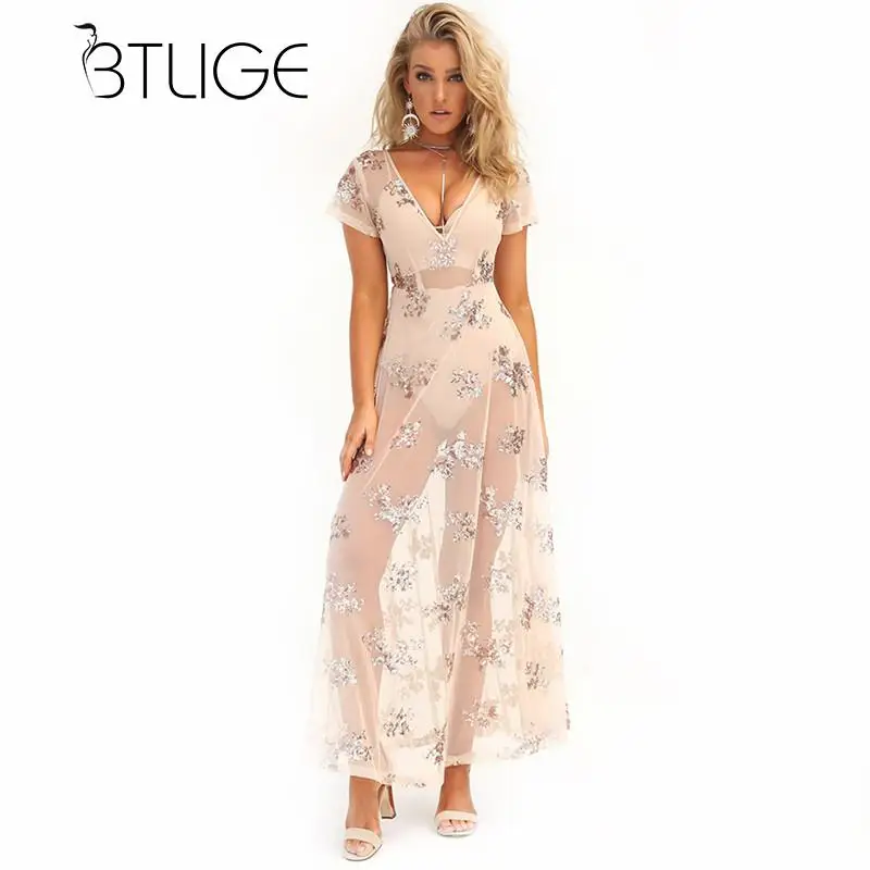 BTLIGE Tunic Beachwear Summer Short Sleeve Sequins Bikini Cover Up Women V Neck Perspective Sexy