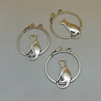 

100pcs Charm cat round circle antique silver pendant 33*27mm Handmade children day gifts Jewelry Making earrings bracelet DIY