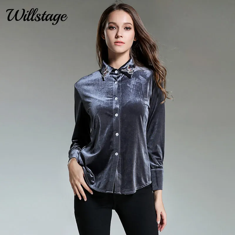 

Willstage Gray Velvet Shirts Women Birds beading Embroidery Blouse Elegant Shirt Office ladies Work Wear New 2019 Autumn Tops XL