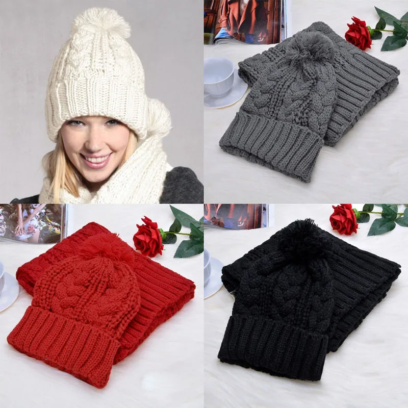 Fashion Womens Knit Handmade Hat and Scarf Winter Set Knitting