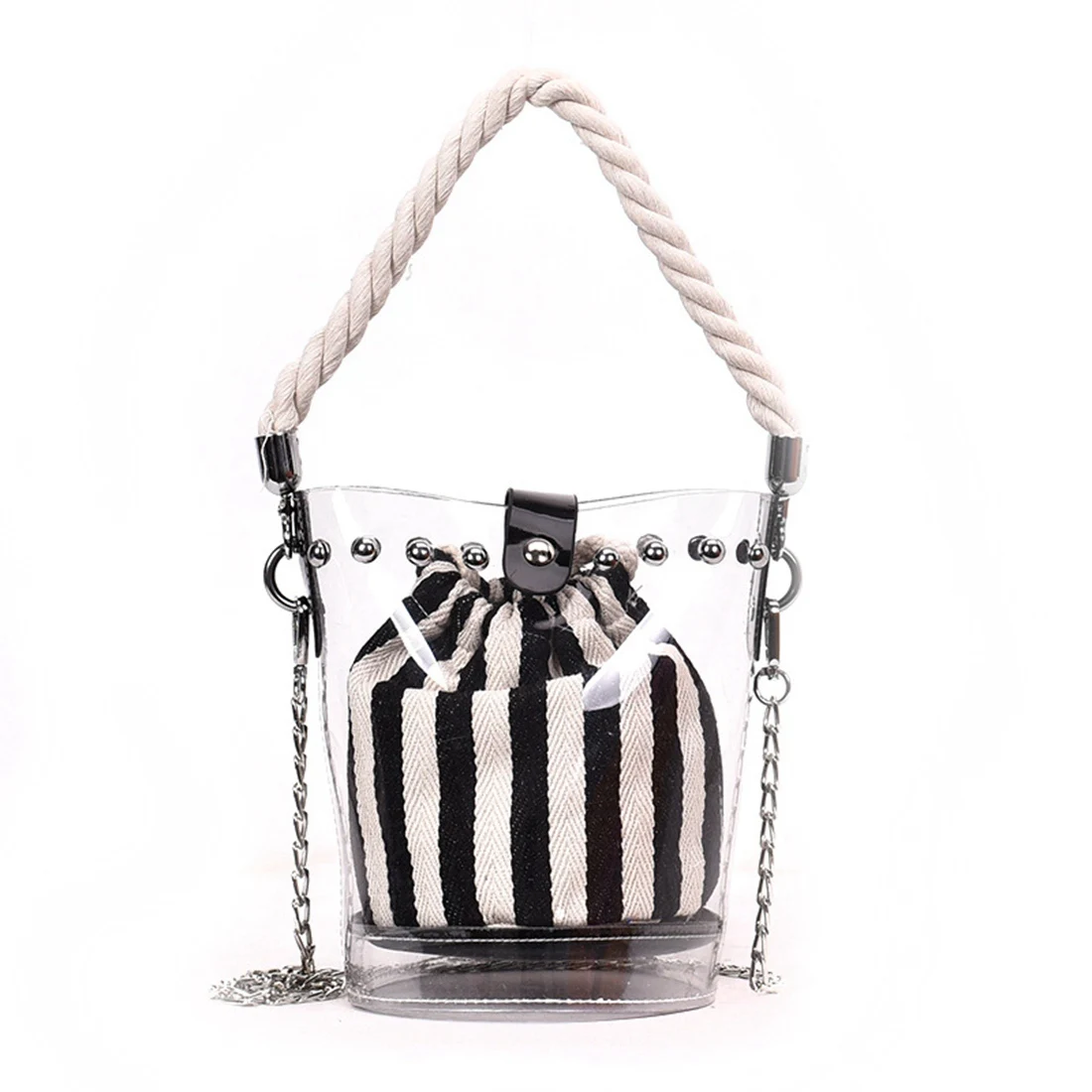 

LJL Black New Fashion PVC Chain Diagonal Bag Fashion Transparent Hit color Stripe Rivet Hemp Single shoulder Diagonal Child ba