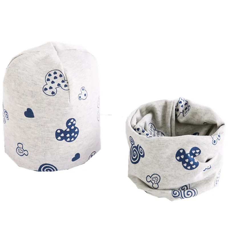 gray mouse hat scarf Новые Хлопковые плюшевые шапки для девочек с шарфом Фрукты Сова-овца Звезды Львиная шапочка для мальчиков Детская шапка с шарфом и воротником Комплект хлопчатобумажной шапки для детей - Цвет: gray mouse hat scarf