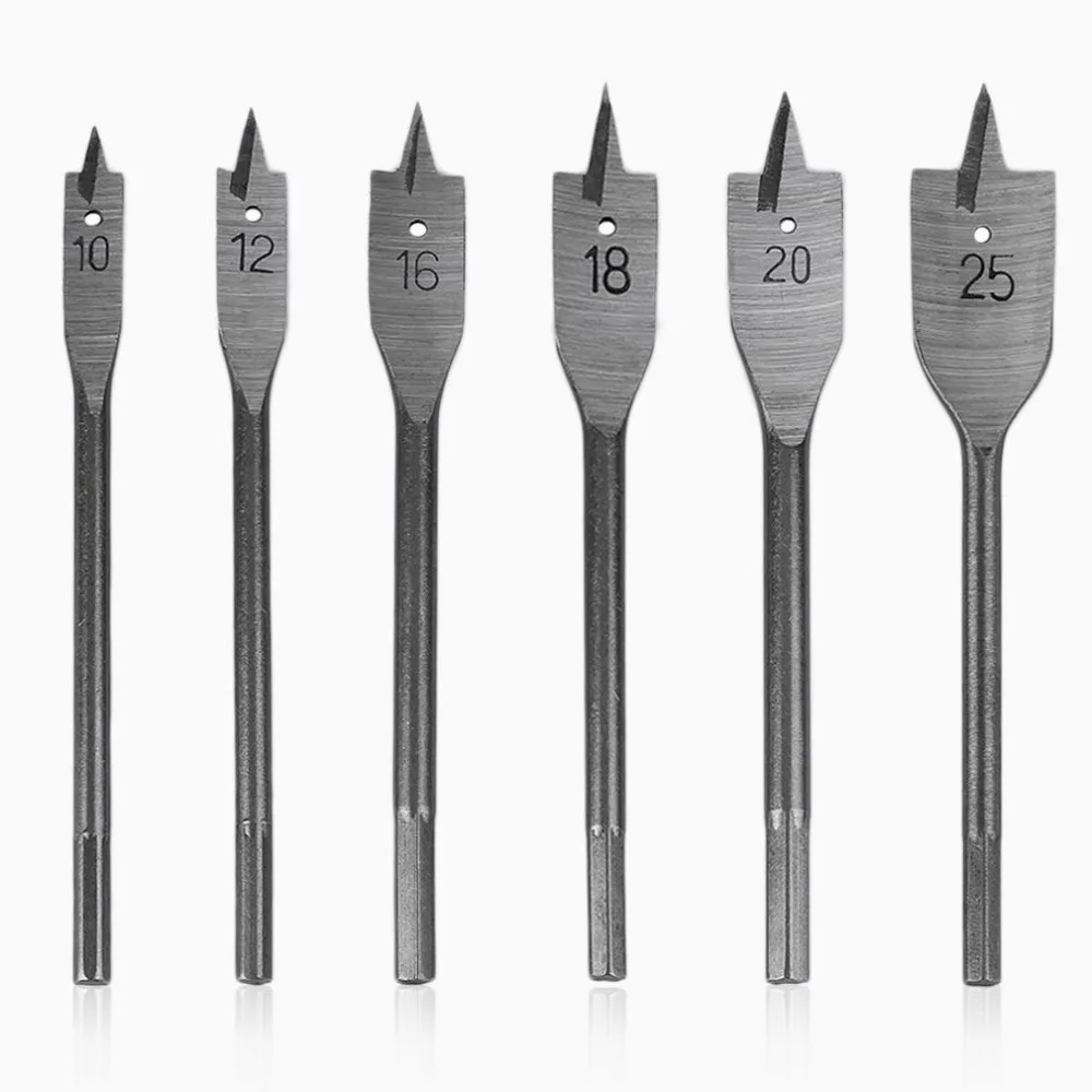 6pcs/set 10 25mm Flat Drill Long Steel Spade Drill Set Wood Spade Drill