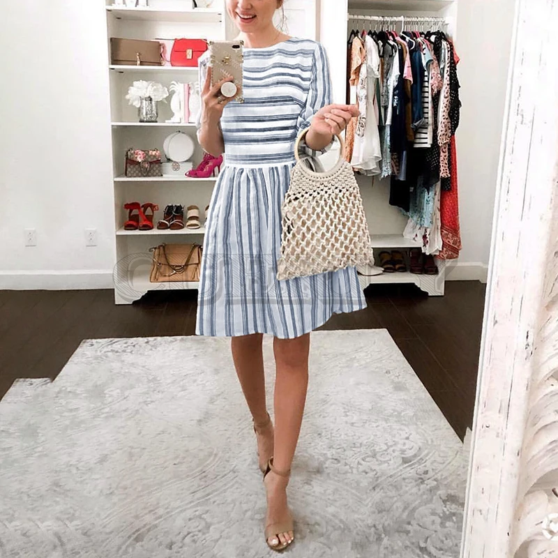 Image CUERLY 2019 Stripe Long Sleeve Summer Stripe Female Dress Women Elegant OL Short Dress Feminino Mini Beach Dress CUERLY