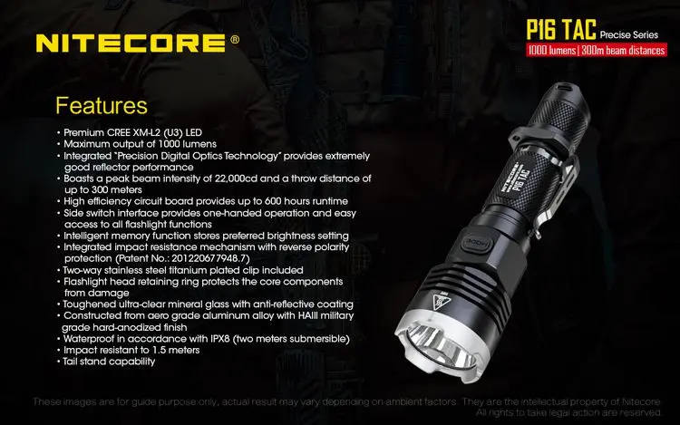 Тактический светильник NITECORE P16TAC P16 TAC для вспышки CREE XM-L2, максимальная дальность луча 1000 люмен, 300 м, уличный фонарь, поисково-спасательный светильник