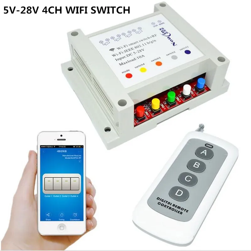 

5V 7V 9V 12V 24V 28V DC 4CH WIFI Switch Remote Control Relay Timer interruptor, RF 433mhz Wireless Switches by phone