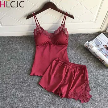 

Pajamas Sets Sleeveless Underwear Silk Satin Sleepwear Sexy Pijama Mujer V-neck Homewear Casual Homewear Pyjamas Women 2PCS