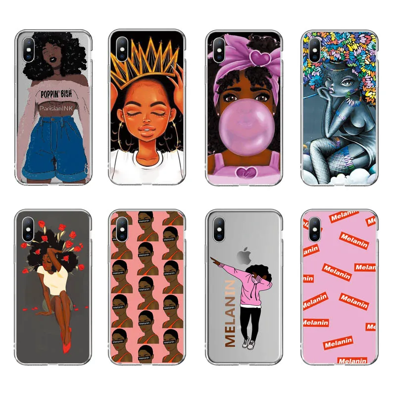 

USLION Transparent Art Black Little Girl Phone Case For iPhone X XR Xs Max Cases For iPhone 5 5s SE 6 6s 7 8 Plus Soft TPU Cover