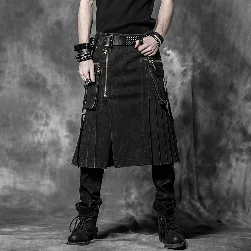 

Men's Skirt Belt Plaid Pleated Skirt Bilateral Pocket Chain Skirt Brown Gothic Punk Scottish Skirt Set Double Pockets