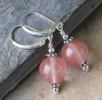 

New 12mm Pink Watermelon Tourmaline Round Beads Sterling Dangle Earrings