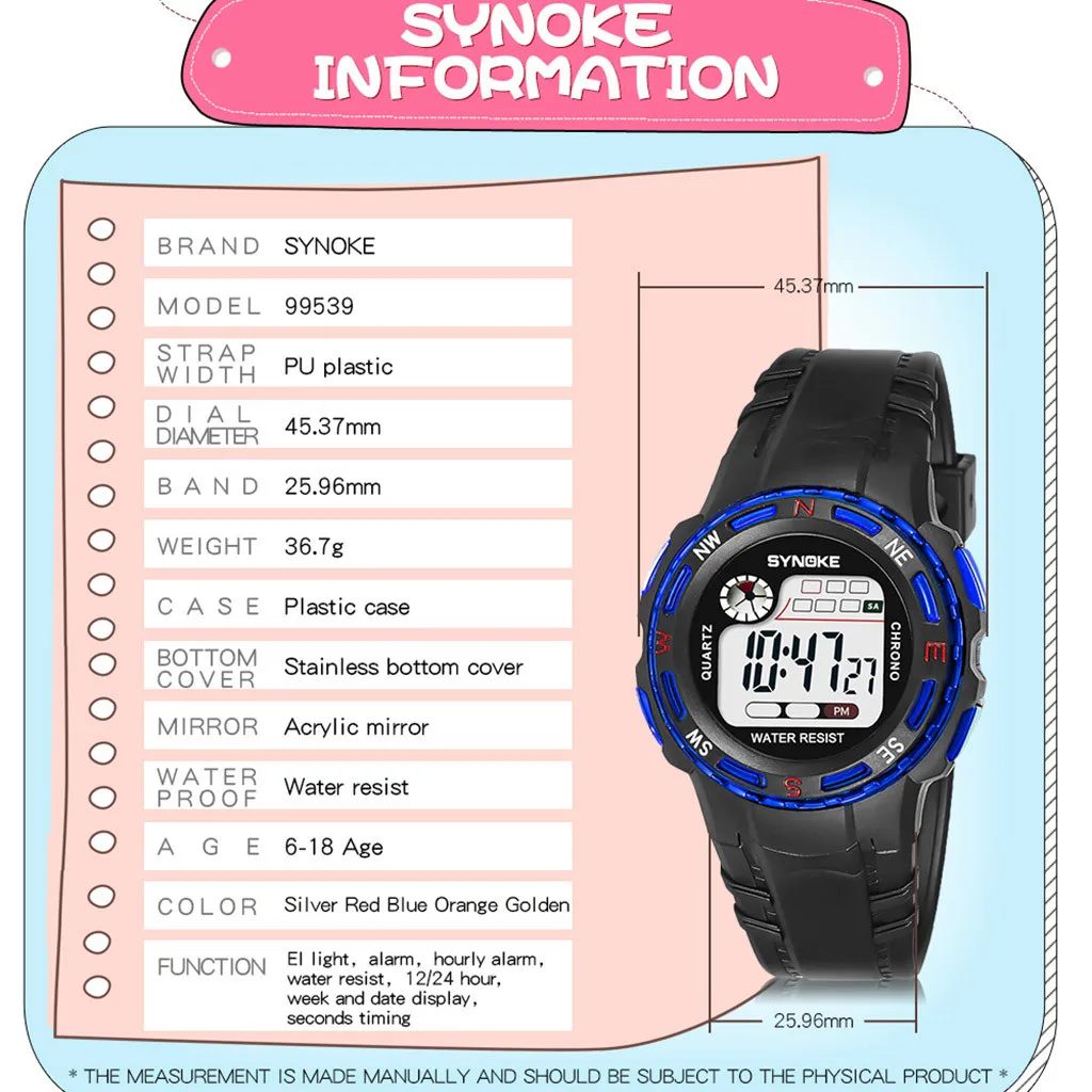 SYNOKE детские часы милые детские часы спортивные водонепроницаемые часы для девочек и мальчиков резиновые детские цифровые светодиодный наручные часы A4