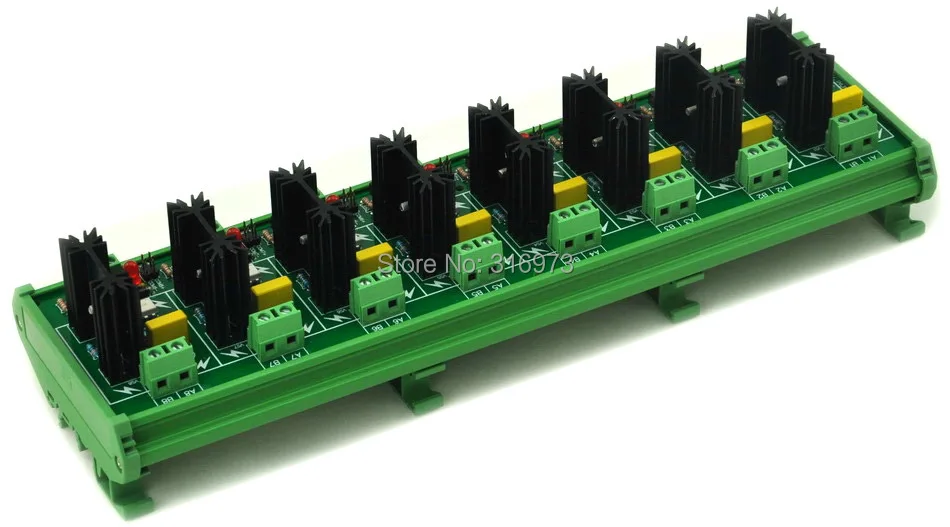 

DIN Rail Mount 8 Channel 6 Amp SSR Module Board, in 4~32VDC, out 100~240VAC.