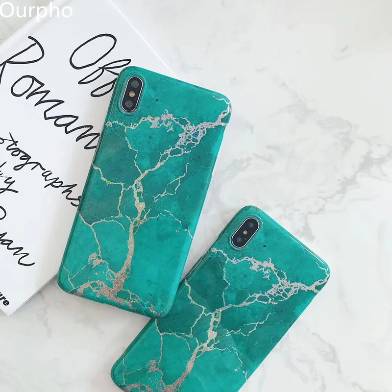 

Ourpho New fashion phone case for iphone X XR XS MAX colorful emerald marble Case for iphone 6 6s 7 8plus case