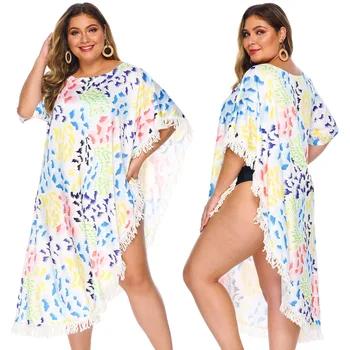 

2019 Plus Size Beach Swimsuit Cover Up Bikini Mixed Color Printed Long Tassel Splicing Irregular Cover Up Sexy Beach Woman Dress