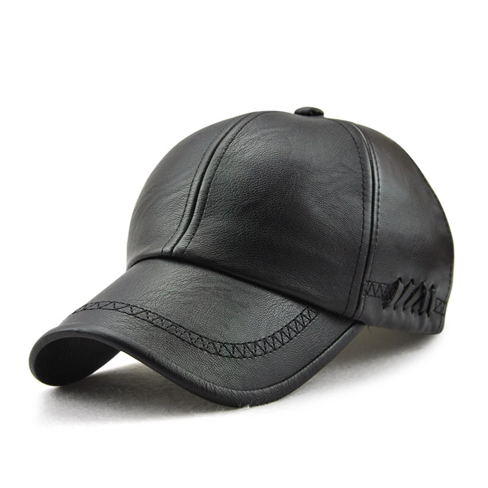 

Man Vintage Baseball Hat Cap Adjustable Autumn Winter Warm PU Leather Outdoor Sport Hat Casual Harajuku Solid Black Snapback