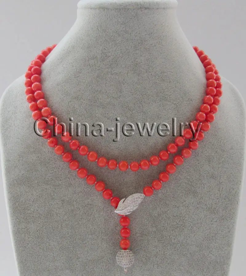 

Beautiful 37 " 7mm perfect round orange color coral+12mm zircon ball necklace -