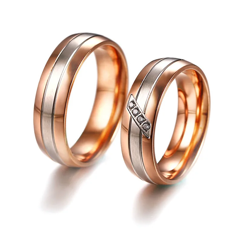 Rose Gold Color Wedding Rings for Men Women Stainless Steel Couple Ring with Zircons Stone Romantic Style Bridal Jewelry Bijoux
