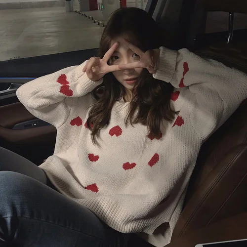 

2 Color New Autumn Harajuku Cute Split Sweater Female Loose O-neck Long Sleeve Pullover Heart-shaped Women Sweater Knit Top