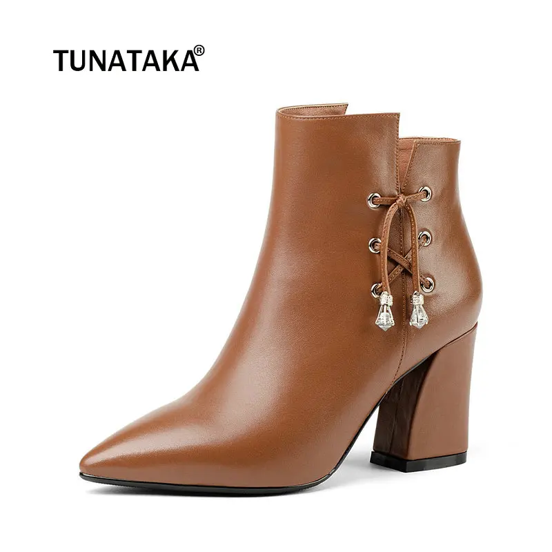 

Women Genuine Leather Thick High Heel Cross Tied Ankle Boots Fashion Zipper Fall Winter Bootie Black Brown