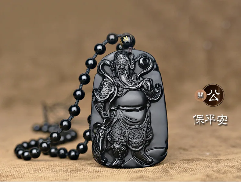 Натуральный черный обсидиан резьба Guan Yu кулон ожерелье Mammon Gong Lucky амулет в