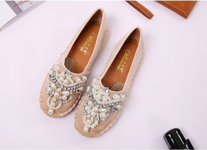 Women Flats Casual Spring Autumn Fisherman Shoes Flock Lazy Loafers Rhinestone String Bead Woman Single Shoes 12