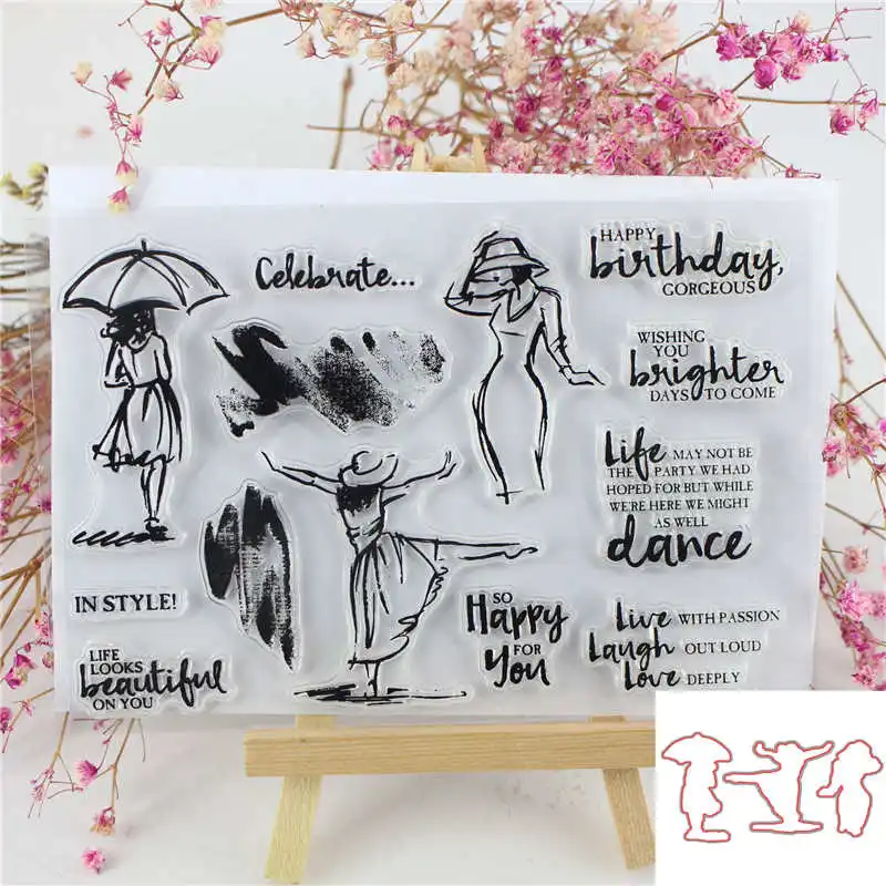 

Dancing Girl Animal Metal Cutting dies and Clear Stamp Set for DIY Scrapbooking Photo Album Decoretive Embossing Stencial