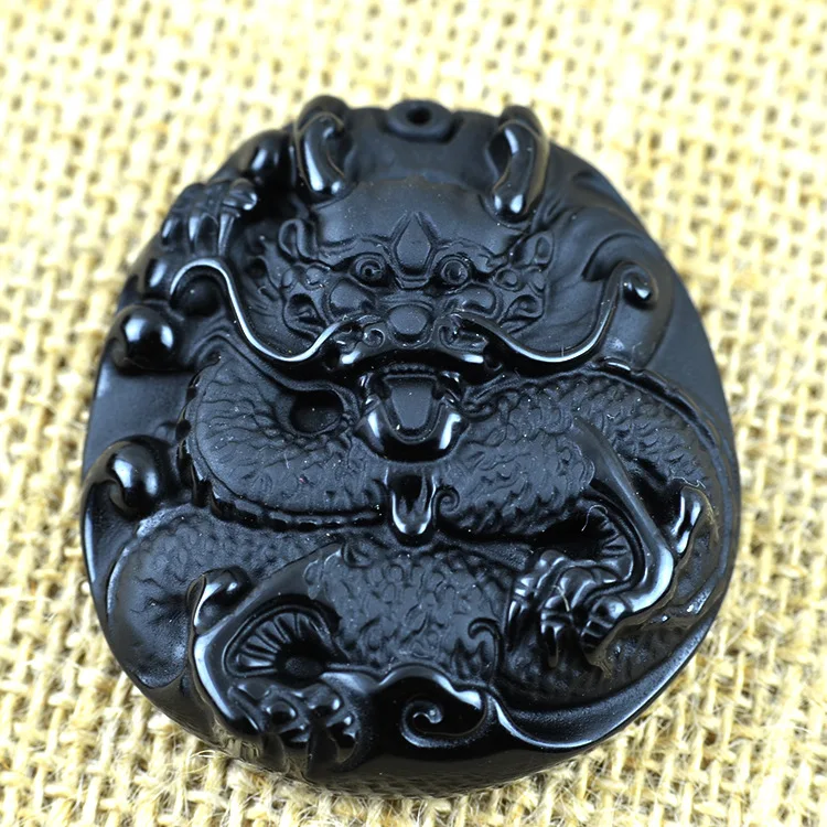 Fashion Black Dragon Phoenix Pendant Natural Hand carved Obsidian Necklace Black Stone Statues Jewelry For Women