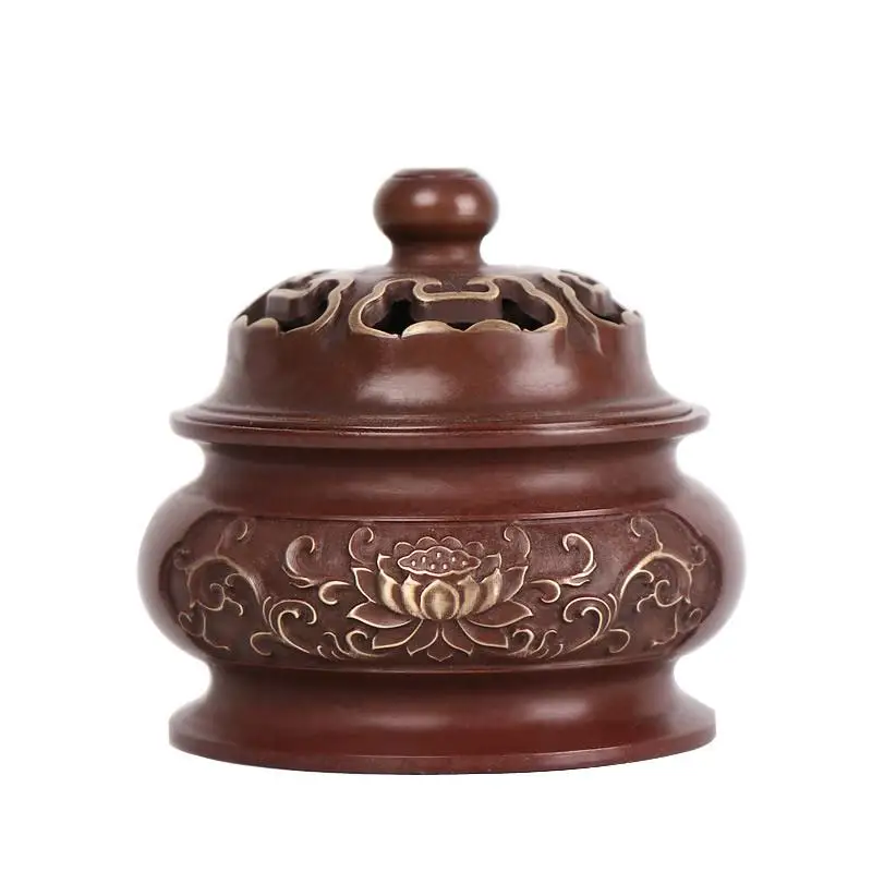 

Designed Lotus Copper Color Plated Imitation Old Antique Incense Burner Hollow Purple Sand Color Porcelain Incense Cones Holder