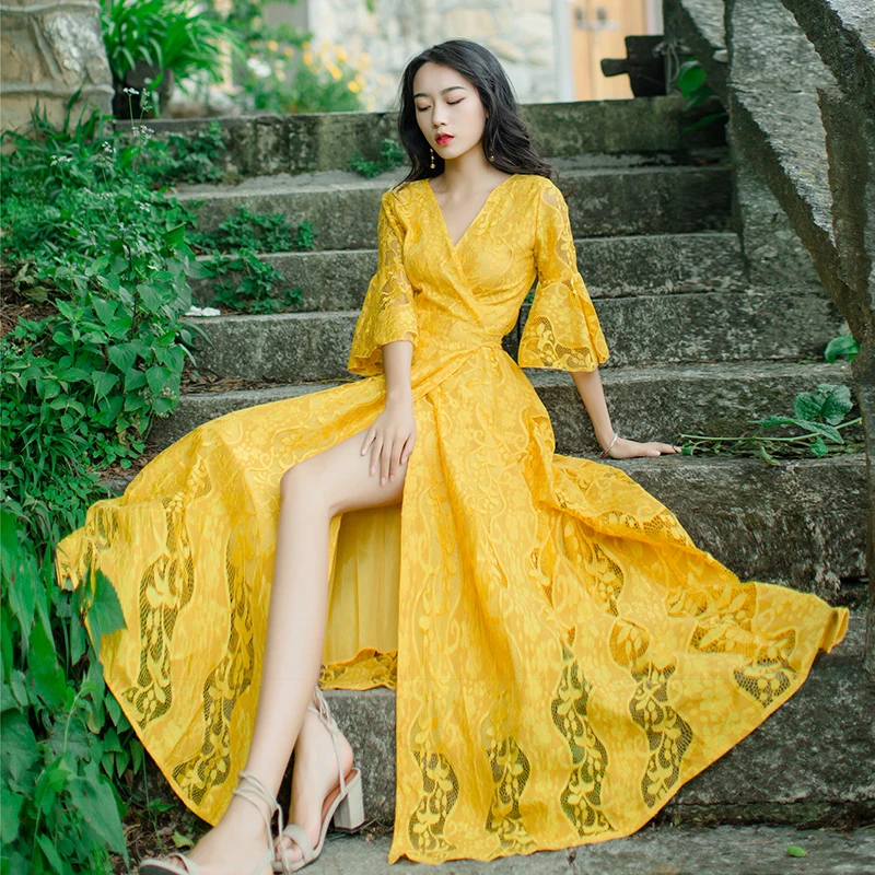 

Spring Summer Flare Sleeve Dress Yellow Black Beach Vintage Maxi Dresses Boho Casual V Neck Belt Tunic Draped Lace Dress TA3622