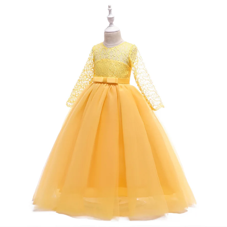 Праздничное платье для девочек детские длинные кружевные рукава Макси Тюль вечерние свадебное платье отец и дочь Бальные платья - Цвет: yellow