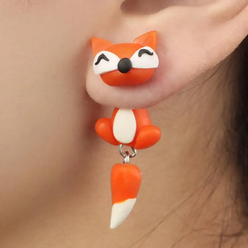 

Creative Handmade polymer clay earring Animal cartoon fox split ear studs