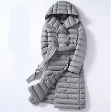 Осень зима женский пуховик парка длинный пуховик с поясом женский ультра светильник верхняя одежда пальто с капюшоном размера плюс