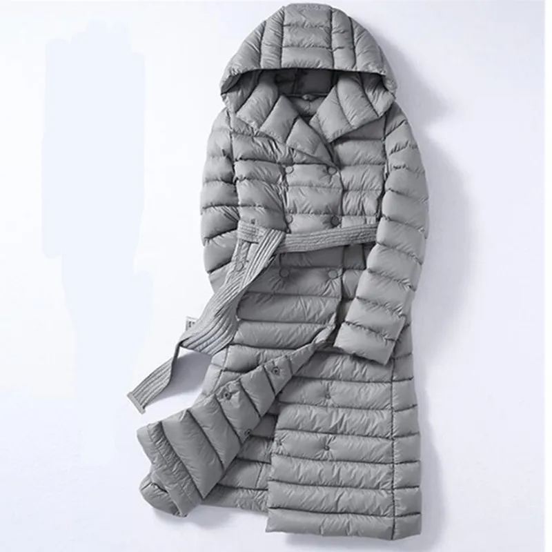 

2018 Autumn Winter Women Duck Downs Jacket Parkas Sashes Long Down Coat Ladies Ultra Light Outerwear Hooded Coats Plus Size