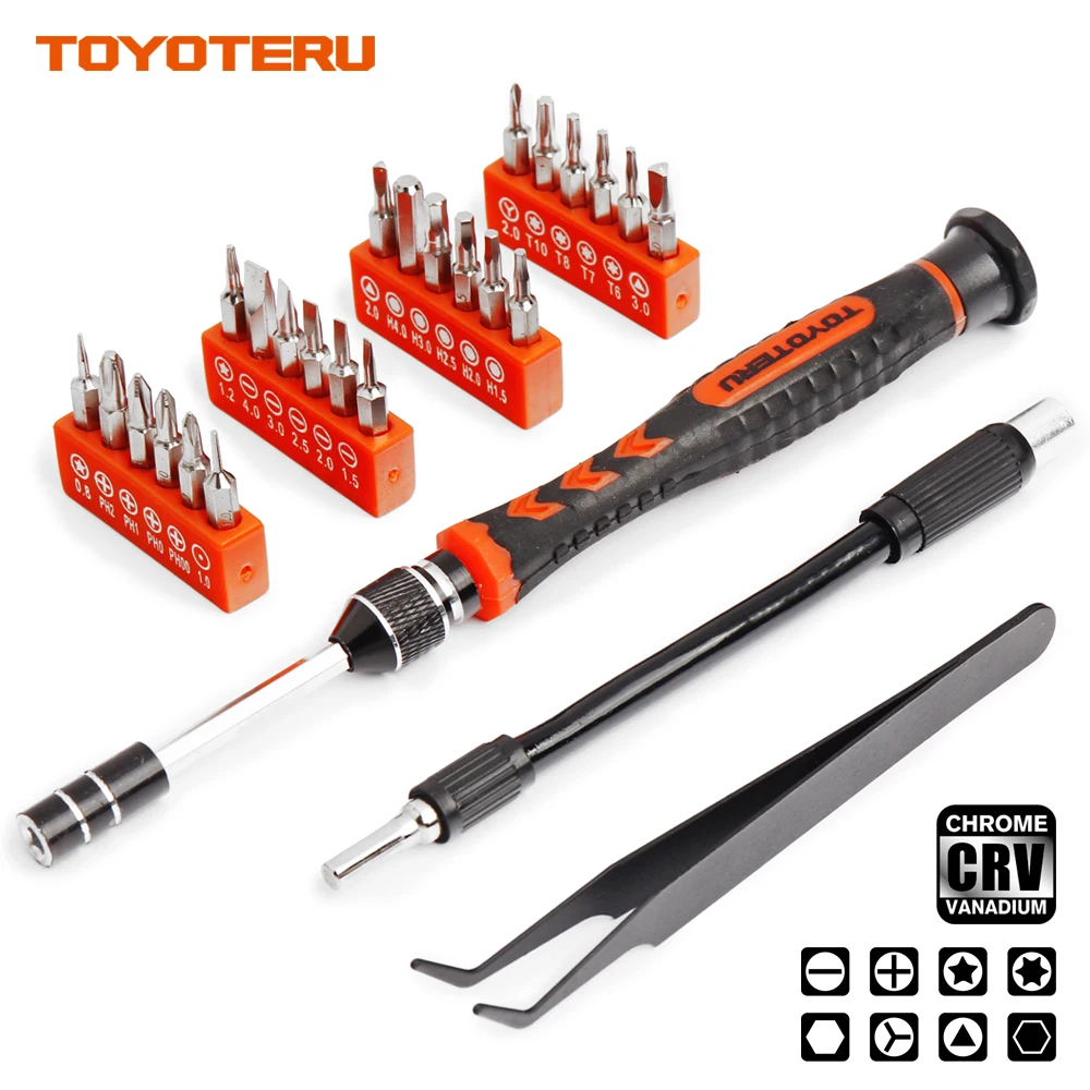 TOYOTERU 28 in 1 Screwdriver Set 24 Magnetic Driver Kit Tweezers and Shaft Extension Professional font