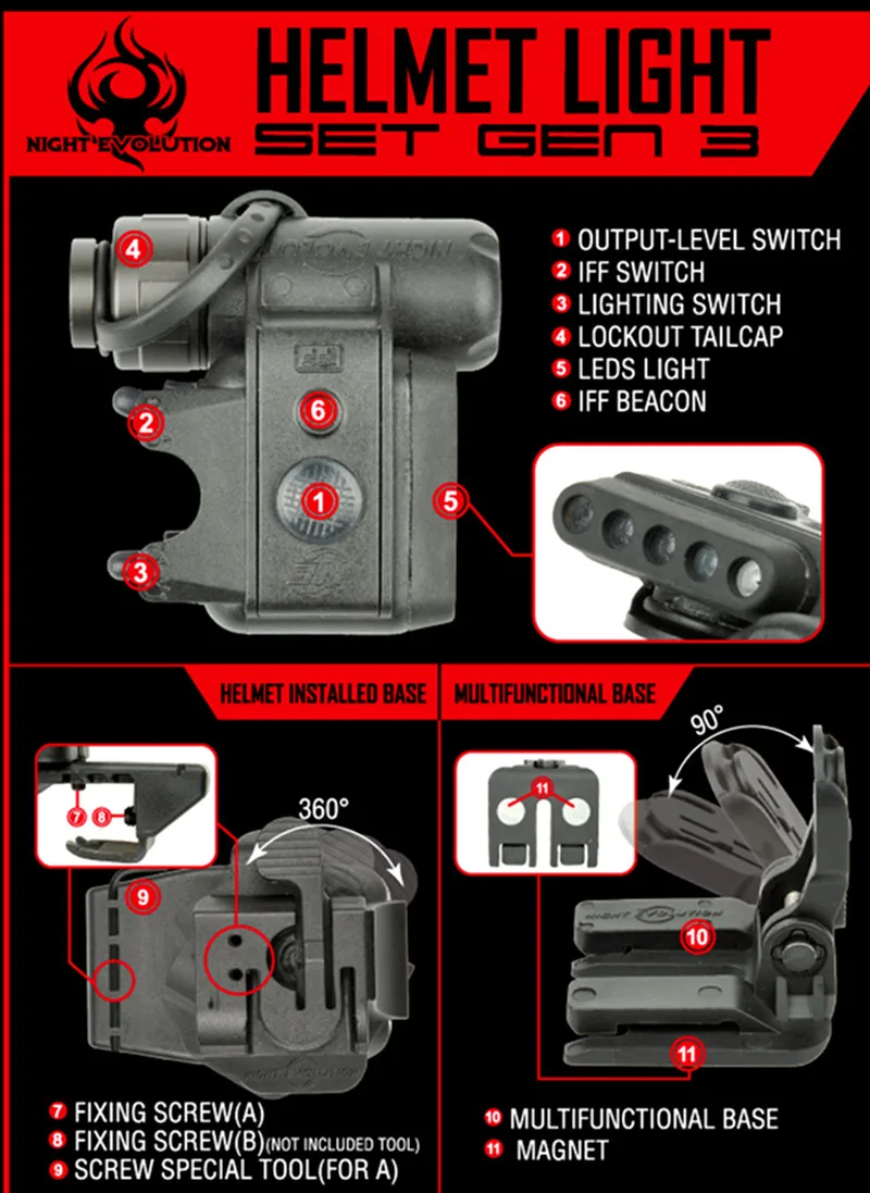 Evolução da Noite Capacete Tático Conjunto 3 Airsoft Branco & Vermelho Infravermelho Led Arma Lanterna 360 Girar Preto Tan Luz Gen 6 gen 3 airsoft branco & vermelho infravermelho