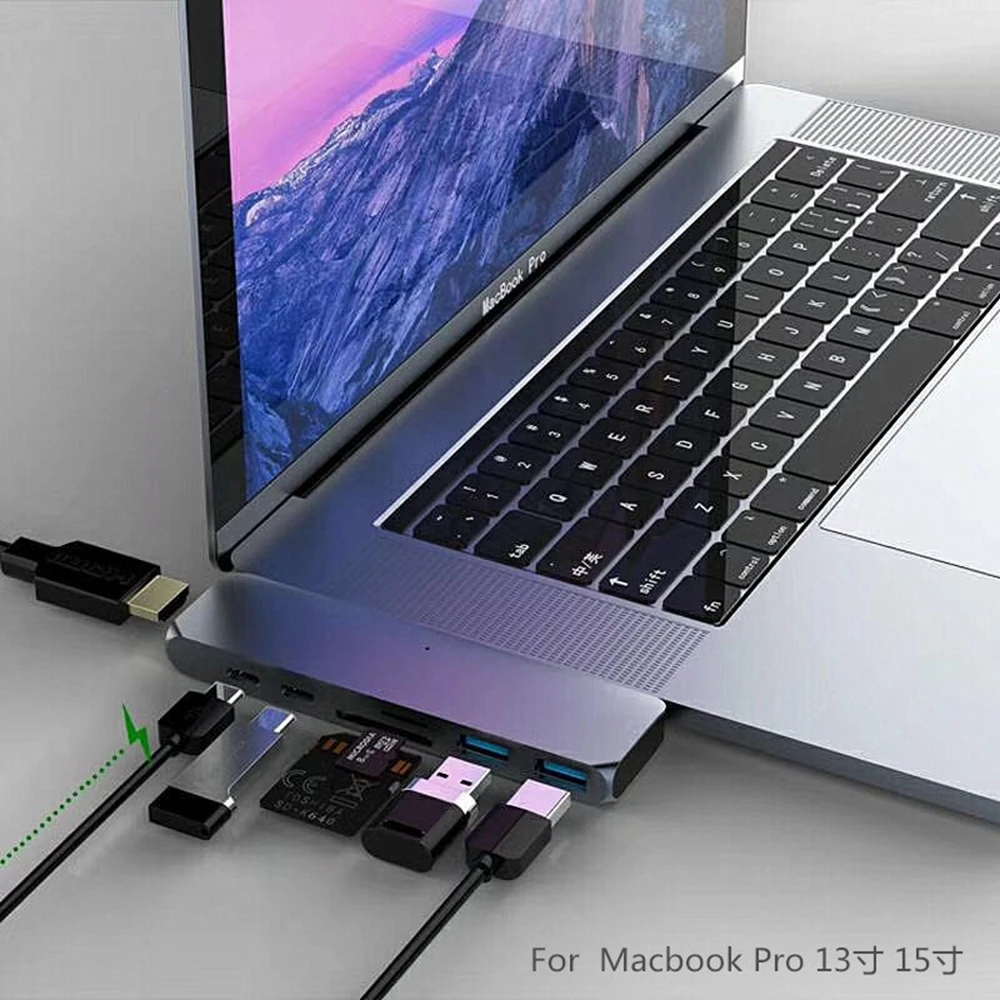 Doble cabeza TYPE-C a 2xUSB3. 0 HUB + SD/lector de tarjetas TF + USB-C Datos + PD carga + HDMI 4 K, para MacBook Pro 2017/2016 13