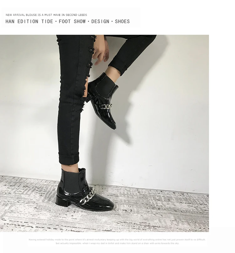 Botas mujer/новые ботинки для верховой езды из эластичной ткани с квадратным носком и металлическими цепочками; botines; ботильоны из лакированной кожи на среднем каблуке; женская обувь