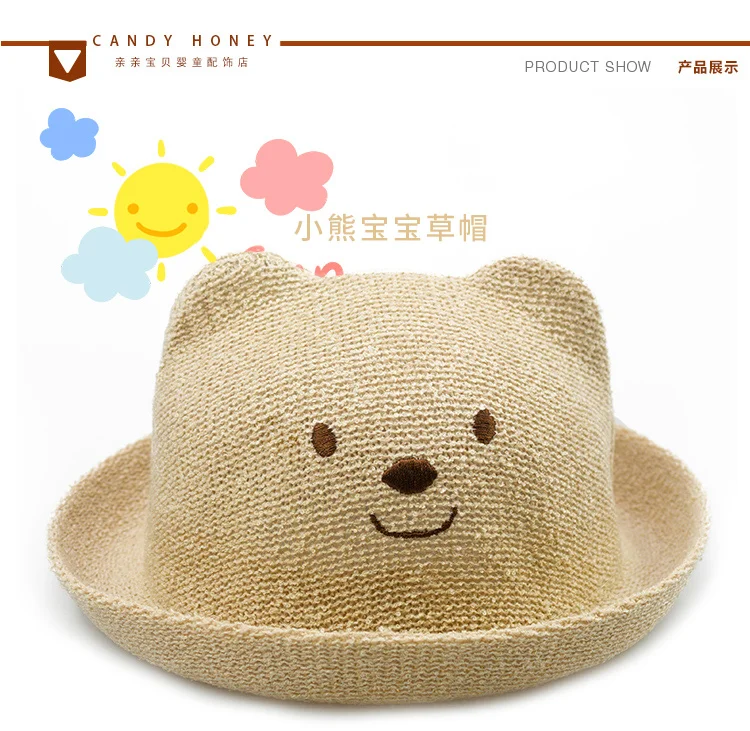 

WENDYWU 2017 Children's straw hat 3-6-12 months male baby bear sun hat girl summer cap fisherman cap breathable High-quality