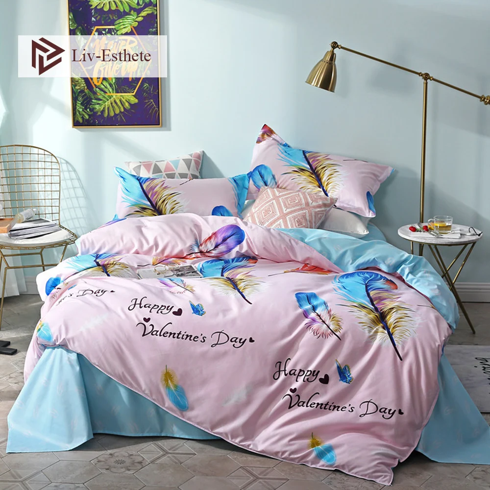 

Liv-Esthete Fashion Colored Feather Bedding Set Double Queen King Duvet Cover Pillowcase Soft Flat Sheet Bed Linen For Adult