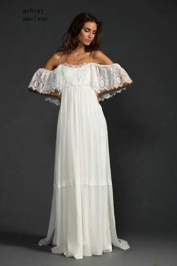 

Plus Size Boho Wedding Dresses Bridal Gowns 2019 Vintage Lace Cheap Short Sleeves Sweep Train Beach Wedding Dress Custom Made