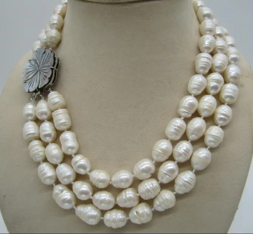 Natural 9-10mm White Irregular Real Baroque Pearl Necklace 18" 18KGP Clasp 