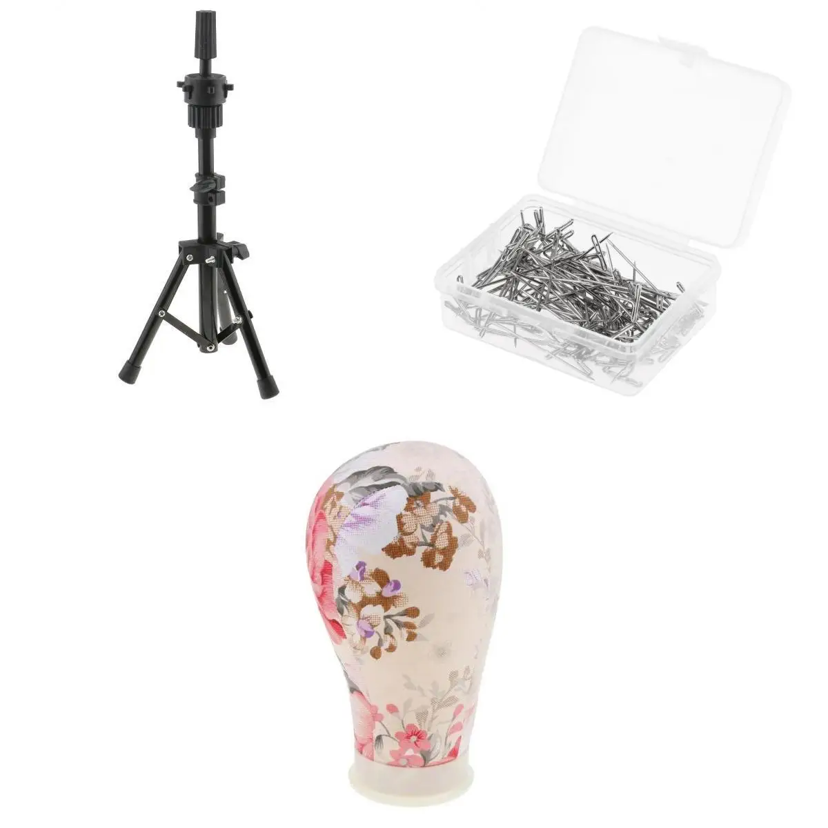 

Training Mannequin Cork Canvas Block Head+Practice Holder Tripod Stand+100 T Needle Pins Set Kit